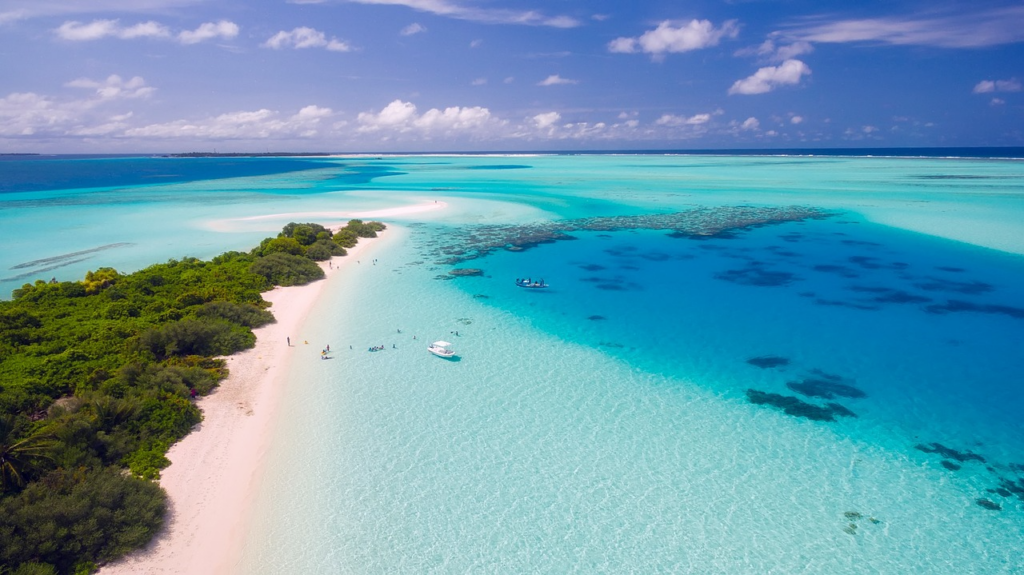 Traumhafte Maledivenkulisse mit türkisfarbenem Meer, weißem Strand und dichter tropischer Vegetation.