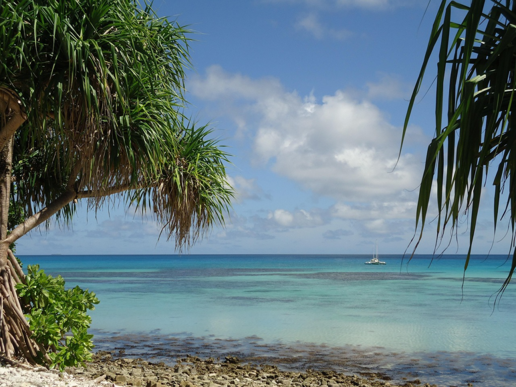 Schöner Strand auf Tuvalu im Südwestpazifik, mit klarem türkisfarbenem Meer und üppigen Palmen entlang der Küste. Ein echter Geheimtipp für Urlaubsziele abseits von Massentourismus.